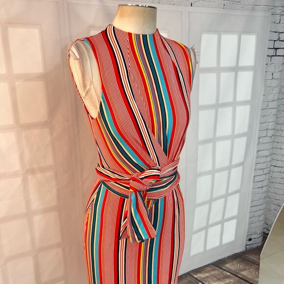 Alice & Olivia Delora colorful vertical striped wrap tie waist midi dress size 2 - Picture 7 of 16